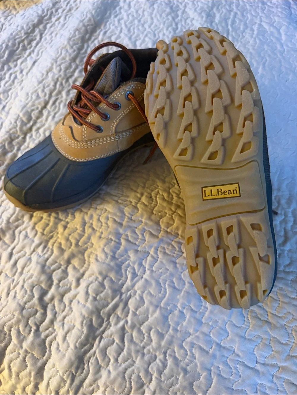 L.L. Bean Women's Two-Tone Duck Boots in Tan and Navy